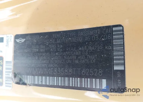 2008 Mini Cooper z USA, uszkodzony, nr VIN WMWMF33588TT62528